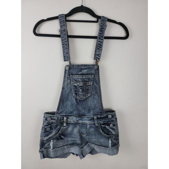Hippie Laundry Overall Denim Shorts 1 Womens/Juniors Cuffed Distressed Med Wash - Picture 1 of 4